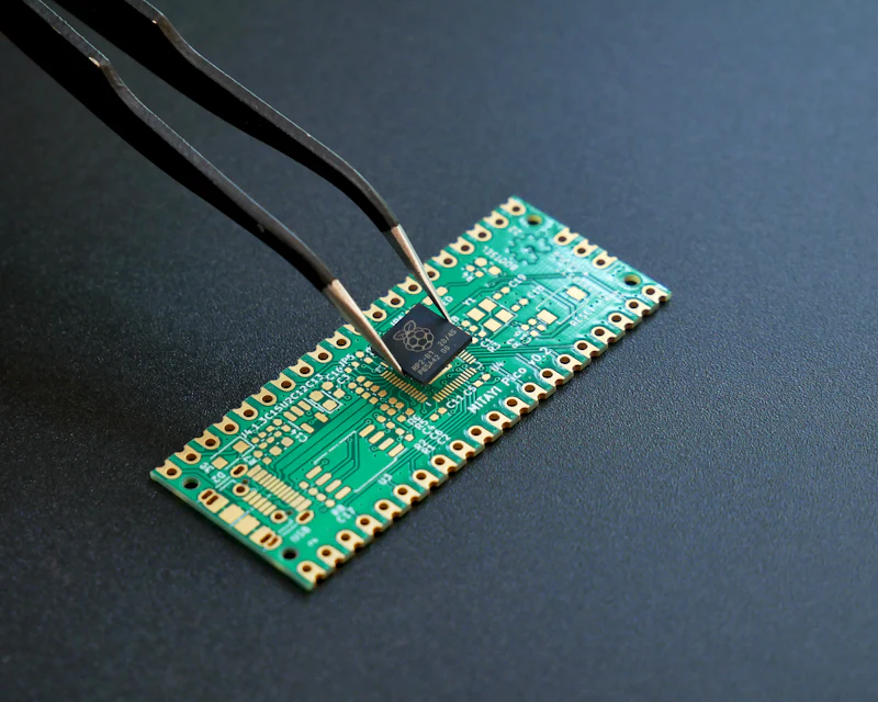 Tweezers placing a microchip onto a printed circuit board