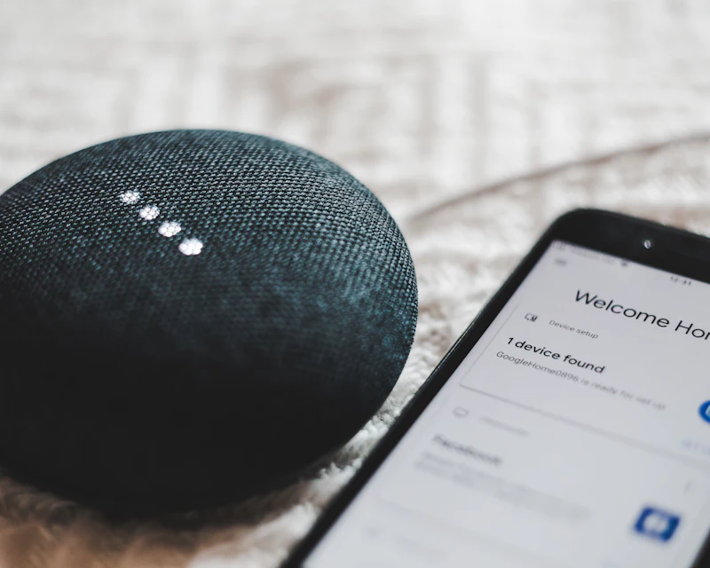 Smart speaker next to a phone running a home control app