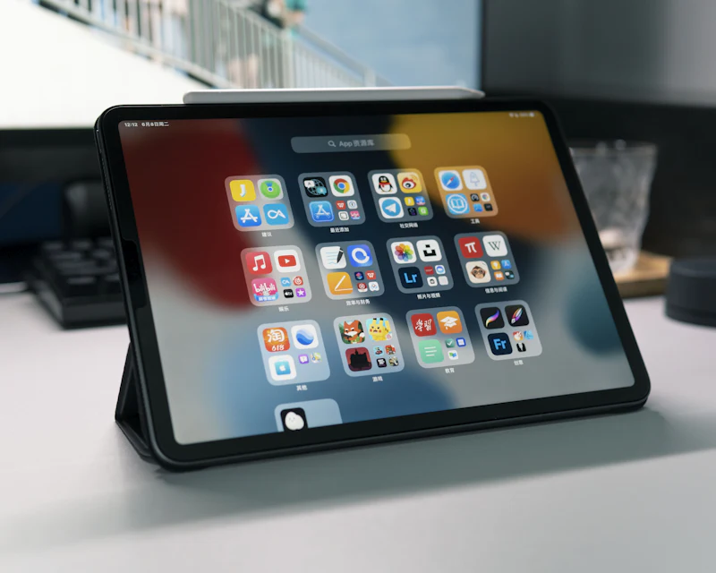 Tablet computer on a stand with a keyboard