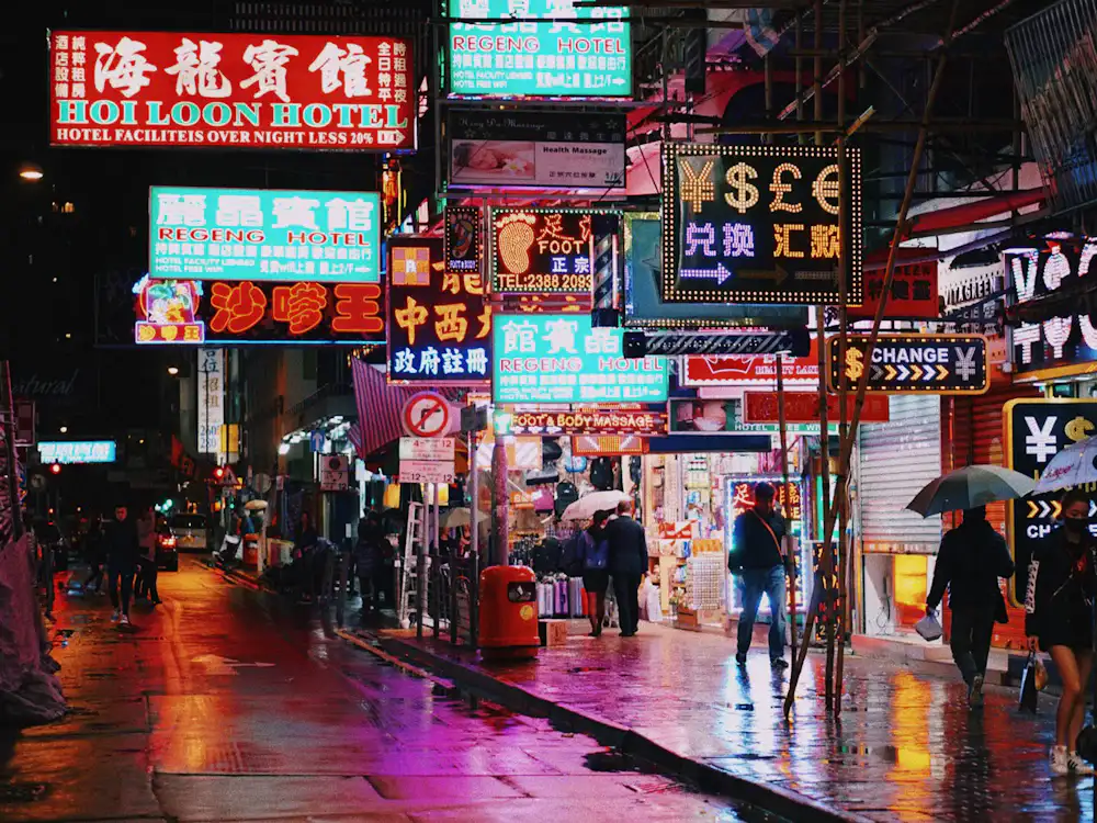 Neon-lit street in Hong Kong at night